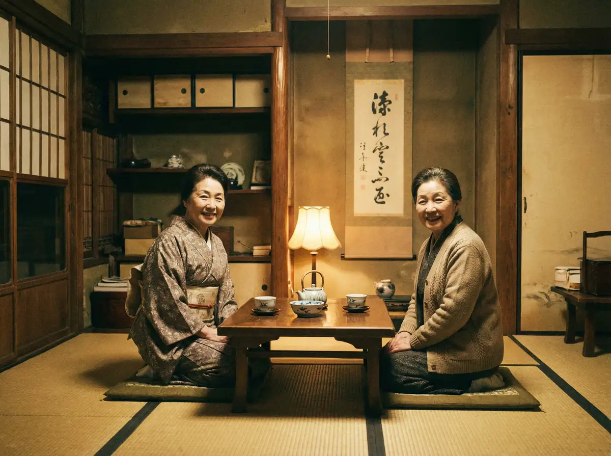 两位优雅的 青青草视频 在日式茶室中品茶交谈